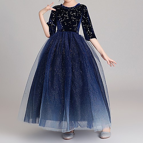

Ball Gown Floor Length Flower Girl Dresses Pageant Polyester Half Sleeve Jewel Neck with Paillette