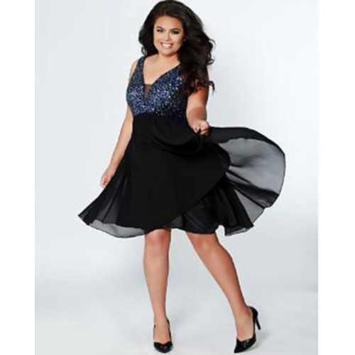 

A-Line Elegant Holiday Cocktail Party Dress Jewel Neck Sleeveless Knee Length Chiffon Sequined with Pleats Ruffles 2021