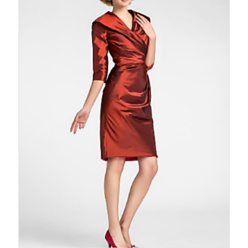 

Sheath / Column Mother of the Bride Dress Plus Size V Neck Knee Length Stretch Satin 3/4 Length Sleeve with Ruching 2021