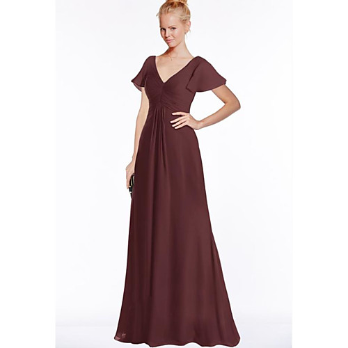 

A-Line V Neck Floor Length Chiffon Bridesmaid Dress with Ruching