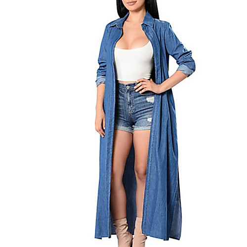 

Women's Daily Fall & Winter Long Trench Coat, Solid Colored V Neck Long Sleeve Polyester Blue