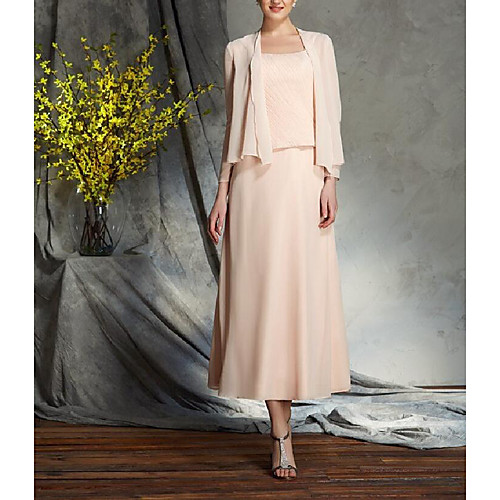 

A-Line Mother of the Bride Dress Wrap Included Spaghetti Strap Tea Length Chiffon 3/4 Length Sleeve with Ruching 2021