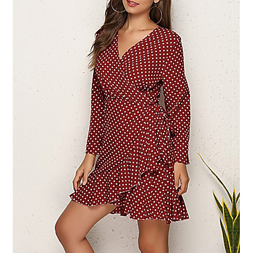 

Women's A-Line Dress Short Mini Dress - Long Sleeve Polka Dot V Neck Elegant Wine Black Blushing Pink Green Brown Navy Blue Beige S M L XL XXL