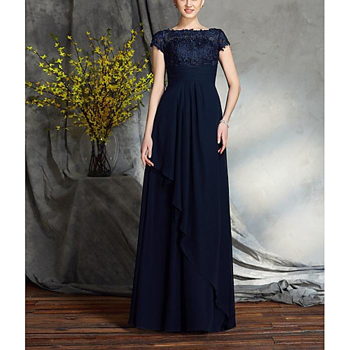 

A-Line Mother of the Bride Dress Elegant & Luxurious Bateau Neck Floor Length Chiffon Lace Short Sleeve with Sash / Ribbon Ruffles 2021