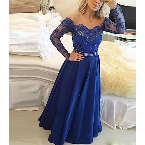 

A-Line Elegant Prom Formal Evening Dress Off Shoulder Long Sleeve Floor Length Lace Satin with Pleats Beading 2021