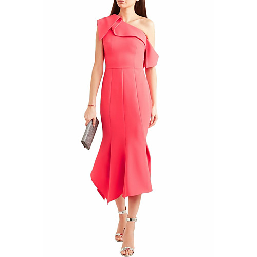 

Sheath / Column Elegant Holiday Cocktail Party Dress One Shoulder Sleeveless Tea Length Jersey with Ruffles 2021