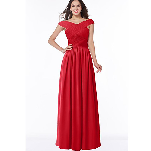 

A-Line Elegant Formal Evening Dress Off Shoulder Short Sleeve Floor Length Chiffon with Pleats Ruched 2021