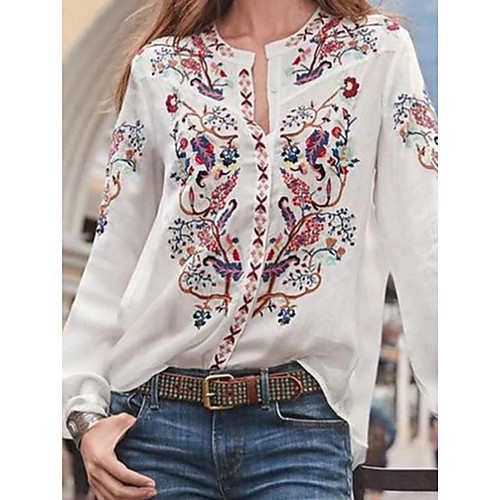 

Women's Blouse Shirt Geometric Long Sleeve V Neck Tops White Blue Yellow