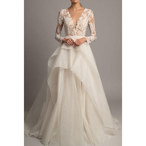

A-Line Wedding Dresses V Neck Court Train Lace Tulle Long Sleeve Romantic Sexy Backless Illusion Sleeve with Embroidery 2021