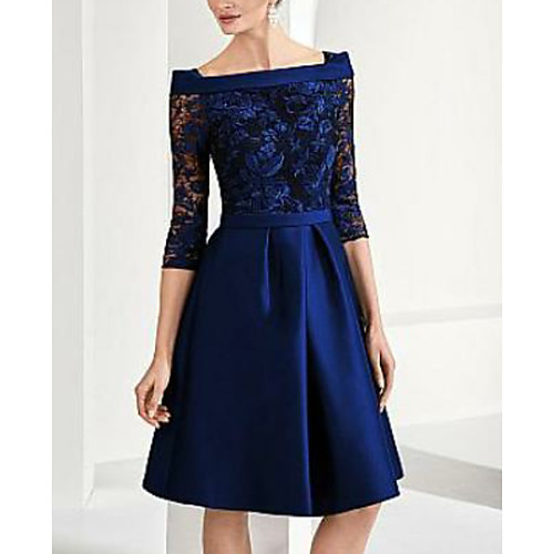 

A-Line Mother of the Bride Dress See Through Bateau Neck Knee Length Lace Satin 3/4 Length Sleeve with Lace 2021
