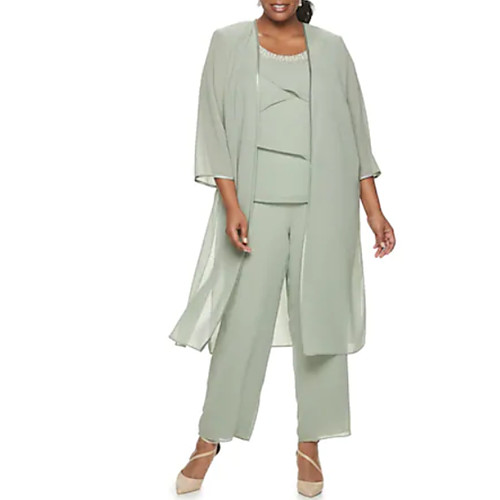 

Pantsuit / Jumpsuit Mother of the Bride Dress Plus Size Elegant Scoop Neck Ankle Length Chiffon 3/4 Length Sleeve with Beading Tier 2021