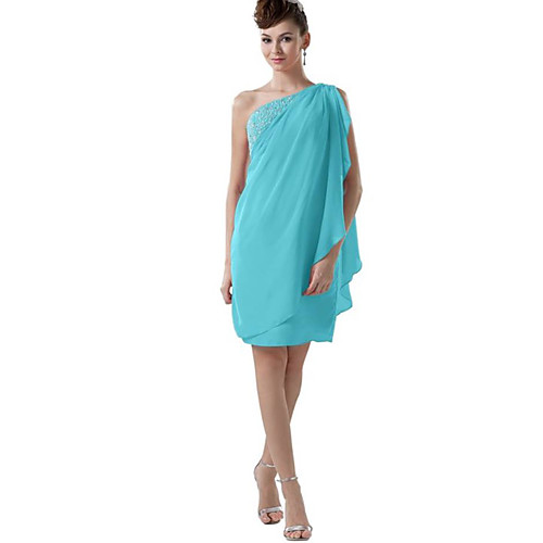 

Sheath / Column One Shoulder Above Knee Chiffon Bridesmaid Dress with Beading / Cascading Ruffles / Ruching