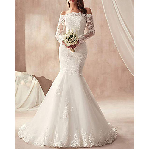 

Mermaid / Trumpet Wedding Dresses Off Shoulder Sweep / Brush Train Tulle Regular Straps Illusion Sleeve with Appliques 2021