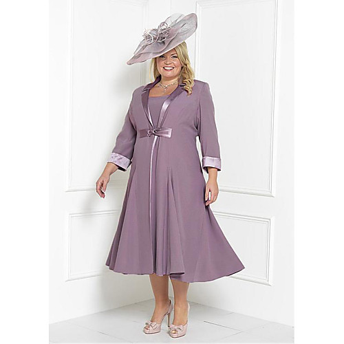 

Two Piece Sheath / Column Mother of the Bride Dress Plus Size Wrap Included Square Neck Tea Length Charmeuse 3/4 Length Sleeve with Sash / Ribbon Ruching 2021