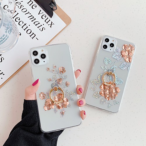

Phone Case For Apple Back Cover iPhone 12 Pro Max 11 SE 2020 X XR XS Max 8 7 Ring Holder Translucent Color Gradient Glitter Shine Flower TPU