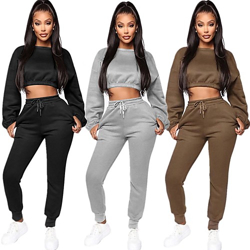 

Women's 2 Piece Tracksuit Sweatsuit Streetwear Street Casual Winter Long Sleeve Fleece Windproof Breathable Soft Fitness Running Jogging Sportswear Solid Colored Sweatshirt Track pants Black Khaki