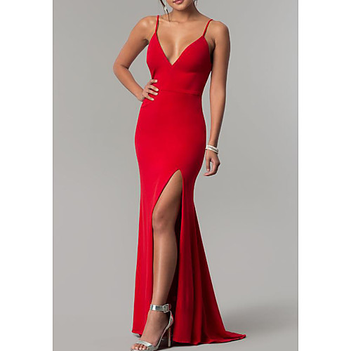 

Mermaid / Trumpet Elegant Formal Evening Dress Plunging Neck Sleeveless Sweep / Brush Train Spandex with Split Front 2021