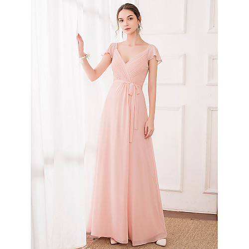 

A-Line V Neck Floor Length Chiffon Bridesmaid Dress with Sash / Ribbon / Ruching