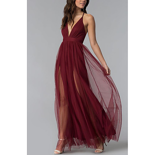 

Sheath / Column Elegant Prom Dress Halter Neck Sleeveless Floor Length Tulle with Sash / Ribbon Pleats Split Front 2021