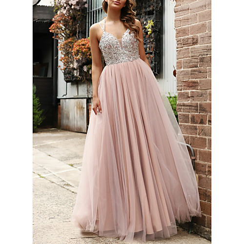 

A-Line Elegant Prom Formal Evening Dress Spaghetti Strap Sleeveless Floor Length Tulle Sequined with Crystals Beading 2021