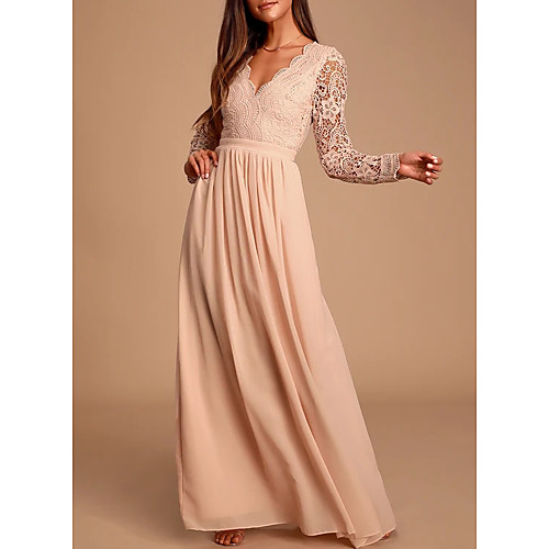 

A-Line Plunging Neck Floor Length Chiffon / Lace Bridesmaid Dress with Lace / Pleats