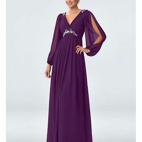 

A-Line Elegant Formal Evening Dress Plunging Neck Long Sleeve Floor Length Chiffon with Pleats Crystals Crystal Brooch 2021