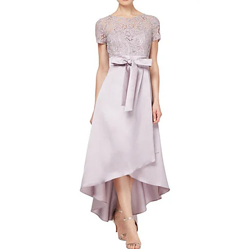 

A-Line Mother of the Bride Dress Elegant & Luxurious Jewel Neck Asymmetrical Lace Charmeuse Short Sleeve with Bow(s) 2021