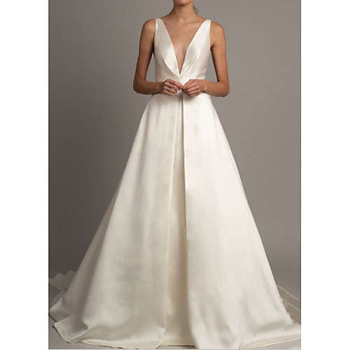 

A-Line Wedding Dresses V Neck Court Train Stretch Satin Regular Straps with Ruched 2021
