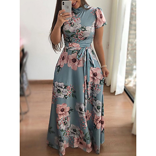 

Women's A Line Dress Maxi long Dress Black Navy Blue Light Blue Short Sleeve Floral Print Lace up Print Spring Summer Turtleneck Classic & Timeless Hot Elegant Holiday vacation dresses 2021 S M L XL