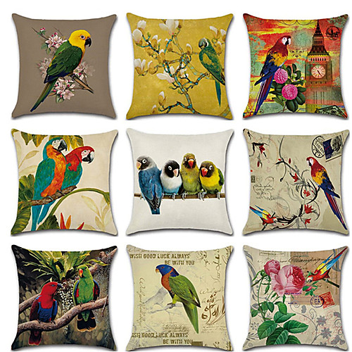 

Set of 9 Faux Linen Pillow Cover, Floral Bird Rustic Cartoon Throw Pillow