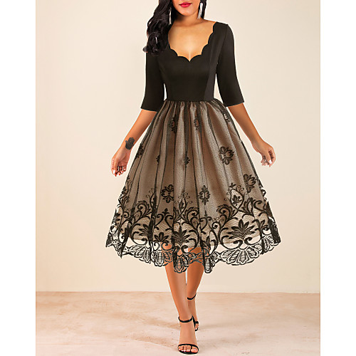 

Women's A Line Dress Black Half Sleeve Color Block Deep V M L XL XXL 3XL