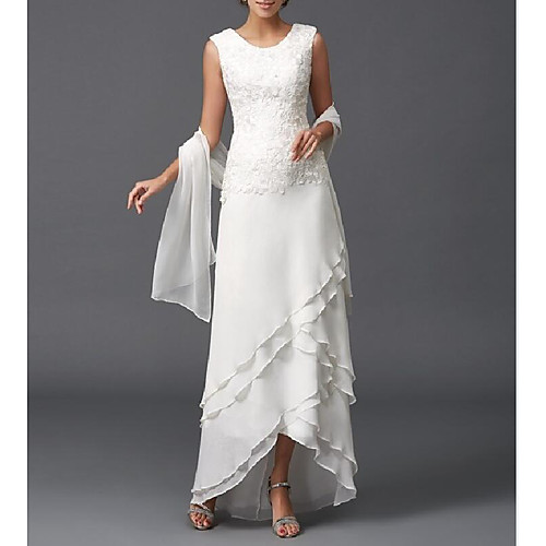 

A-Line Mother of the Bride Dress Wrap Included Jewel Neck Floor Length Chiffon Sleeveless with Lace Tier 2021