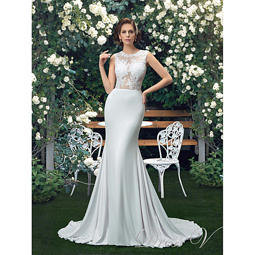 

Mermaid / Trumpet Wedding Dresses Jewel Neck Court Train Polyester Regular Straps Sexy with Appliques 2021