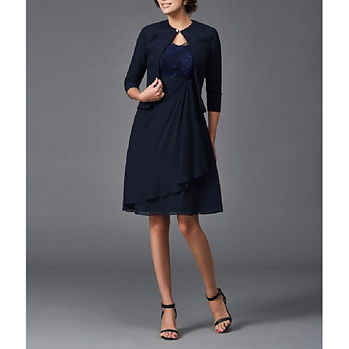 

Two Piece A-Line Mother of the Bride Dress Wrap Included V Neck Knee Length Chiffon 3/4 Length Sleeve with Lace Crystals Ruching 2021