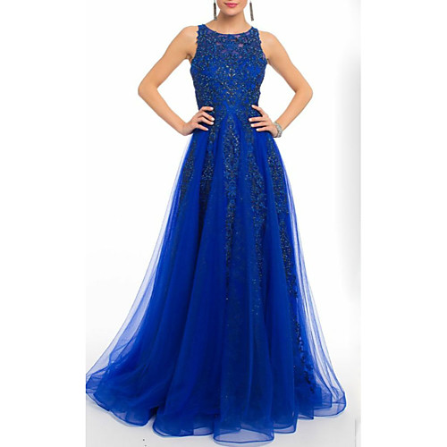 

A-Line Elegant Prom Dress Jewel Neck Sleeveless Floor Length Tulle with Beading Sequin Appliques 2021