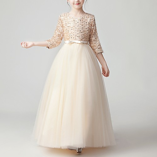 

A-Line Floor Length Flower Girl Dresses Pageant Tulle 3/4 Length Sleeve Jewel Neck with Feathers / Fur