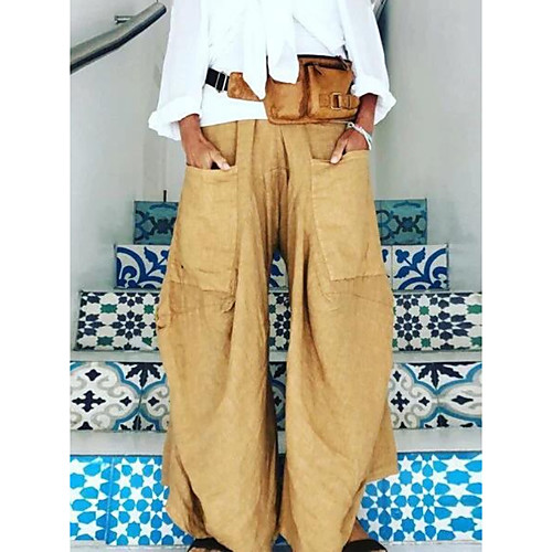 

Women's Basic Lightweight Linen / Cotton Blend Loose Wide Leg Pants Solid Colored Blue Wine Black Gray