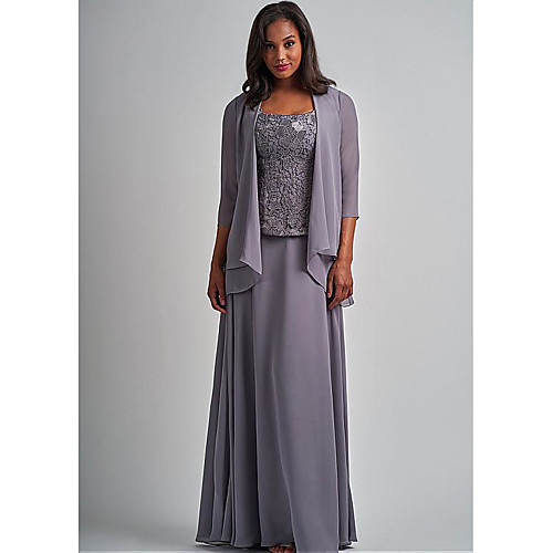 

Two Piece A-Line Mother of the Bride Dress Elegant Wrap Included Square Neck Floor Length Chiffon Lace 3/4 Length Sleeve with Appliques 2021
