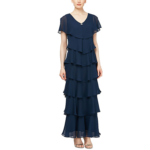 

Sheath / Column Mother of the Bride Dress Plus Size V Neck Ankle Length Chiffon Short Sleeve with Tier 2021 / Butterfly Sleeve