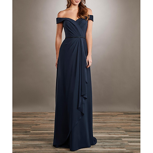 

A-Line Elegant Formal Evening Dress Off Shoulder Short Sleeve Floor Length Chiffon with Pleats Beading 2021