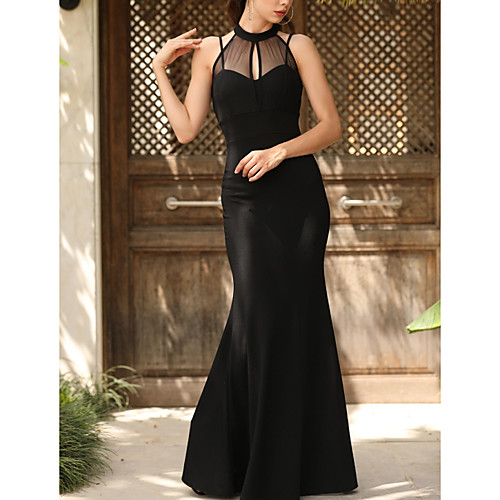 

Sheath / Column Elegant Formal Evening Dress Halter Neck Sleeveless Floor Length Tulle Stretch Satin with Pleats 2021