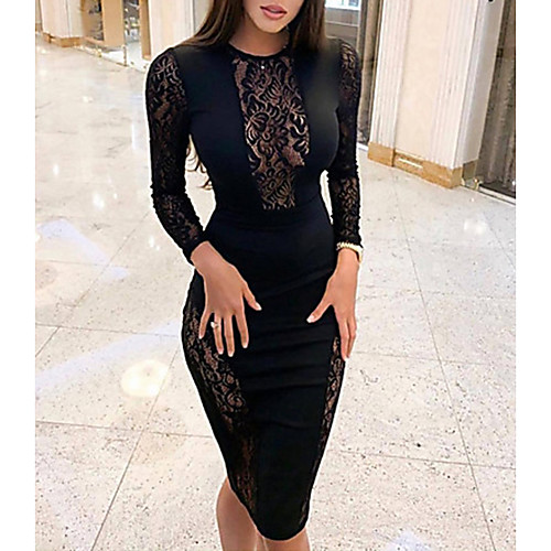 

Women's Sheath Dress Knee Length Dress Black Long Sleeve Solid Colored Lace Round Neck Hot Sexy Going out S M L XL