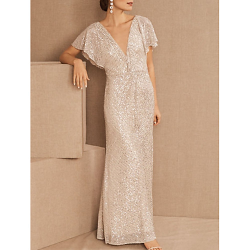 

Sheath / Column Plunging Neck Floor Length Sequined Bridesmaid Dress with Beading / Sequin / Open Back