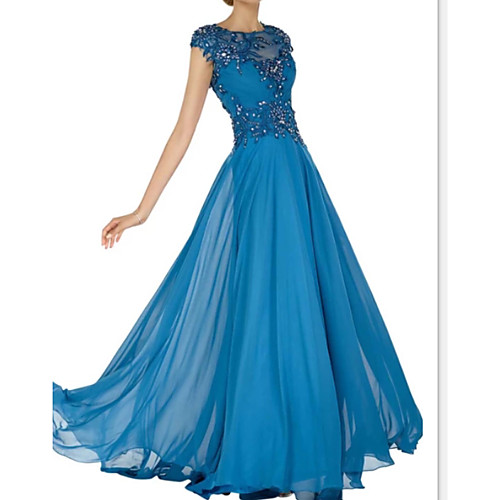 

A-Line Elegant Formal Evening Dress Jewel Neck Short Sleeve Sweep / Brush Train Chiffon Tulle with Beading Sequin 2021