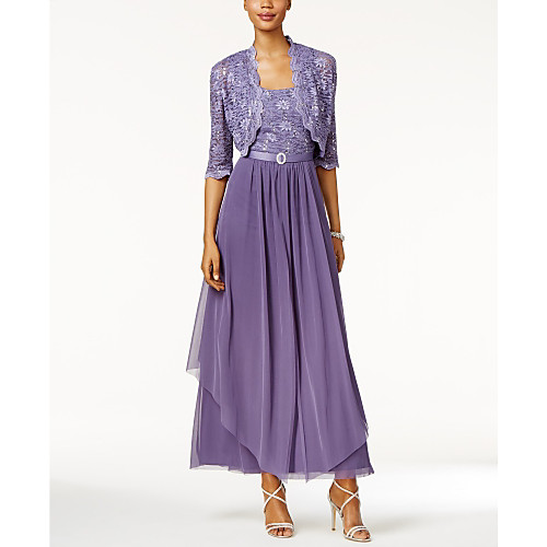 

A-Line Mother of the Bride Dress Wrap Included Scoop Neck Ankle Length Chiffon Lace Half Sleeve with Lace Tier 2021
