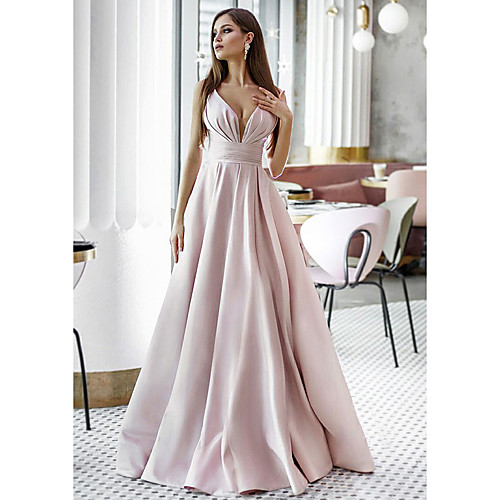 

A-Line Elegant Engagement Formal Evening Dress V Neck Sleeveless Sweep / Brush Train Satin with Pleats 2021