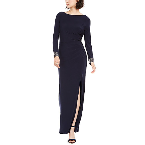 

Sheath / Column Elegant Formal Evening Dress Boat Neck Long Sleeve Ankle Length Spandex with Ruched Crystals Split Front 2021