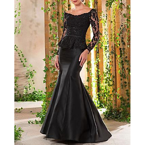 

Mermaid / Trumpet Elegant Formal Evening Dress Scoop Neck Long Sleeve Sweep / Brush Train Lace Satin with Sequin Lace Insert 2021