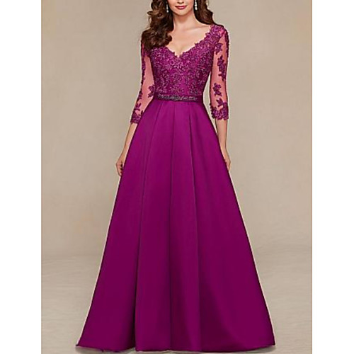 

A-Line Open Back Formal Evening Dress Plunging Neck 3/4 Length Sleeve Floor Length Lace Satin with Sash / Ribbon Pleats 2021