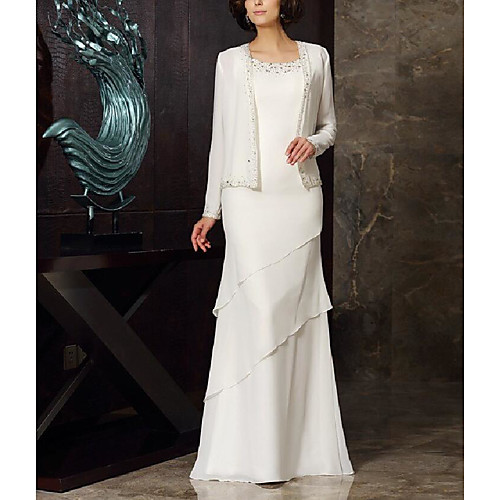 

Two Piece A-Line Mother of the Bride Dress Elegant Jewel Neck Floor Length Chiffon Long Sleeve with Tier 2021
